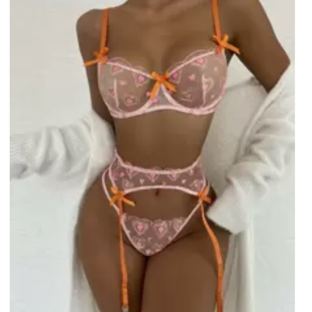 Pink Lace Heart Lingerie Set with Orange Bow Accents